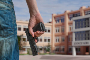 Man with a pistol in front of a school building, undated.